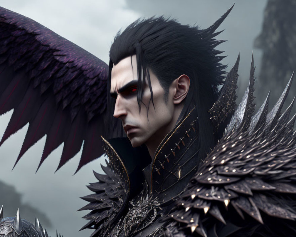 Dark character in black spiky armor with wings and red eyes on misty grey background