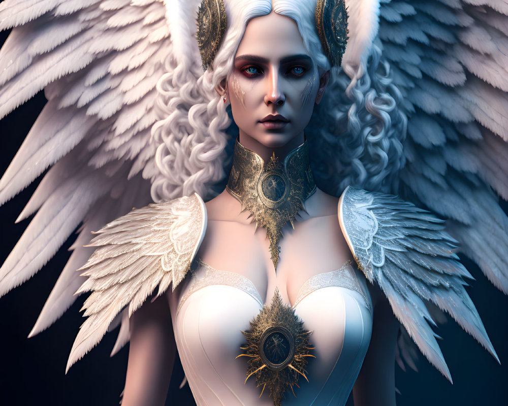 Fantastical female figure with white wings and ornate armor on dark background