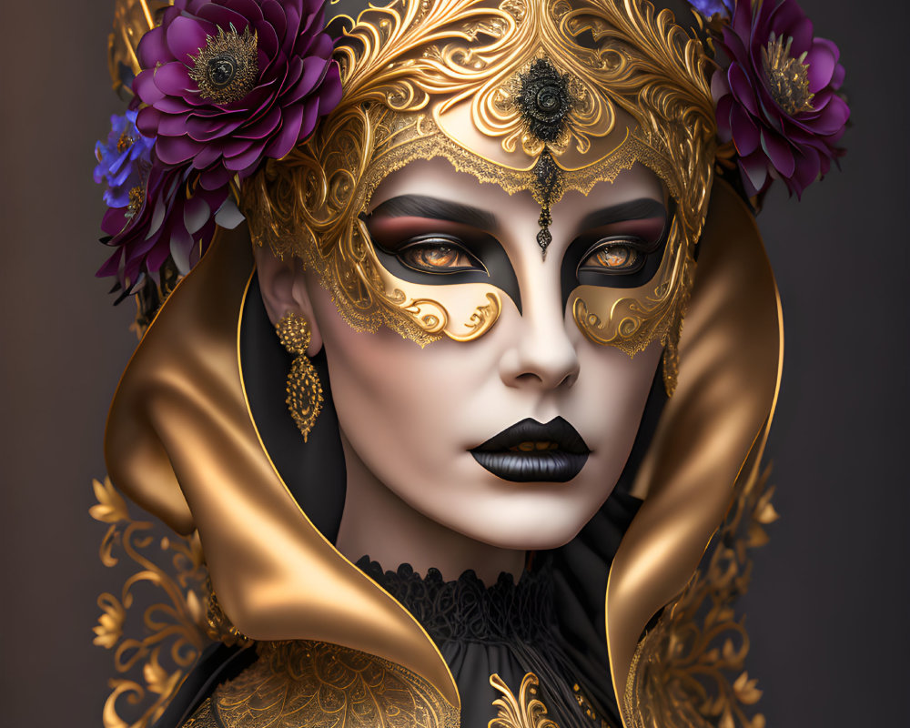 Person in ornate golden mask with purple flowers and regal headpiece on neutral background