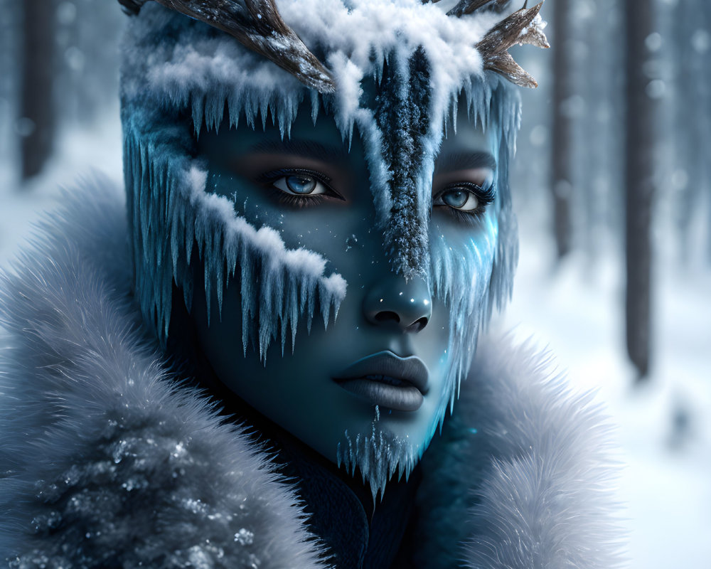 Blue-skinned fantasy character with icicle antlers, frosty makeup, and fur clothing in snowy