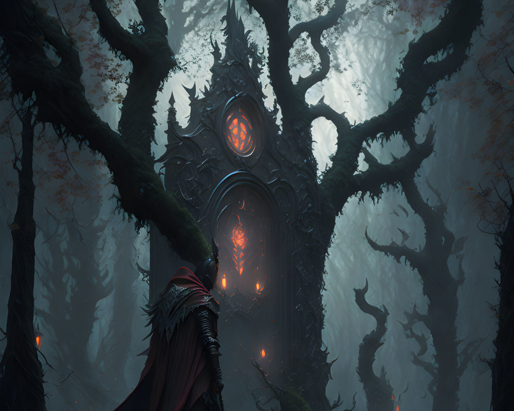 Cloaked figure near glowing door in mystical forest