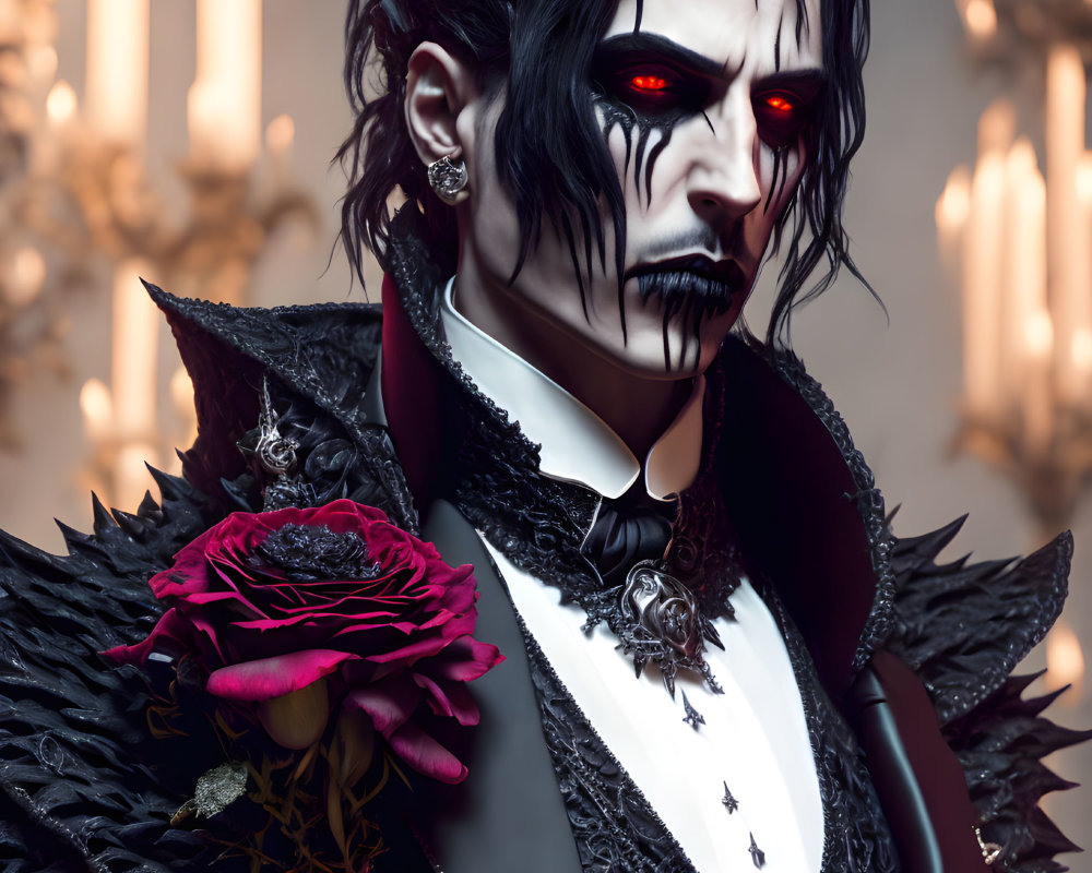 Gothic vampire illustration with red eyes and dark rose in ornate Victorian attire