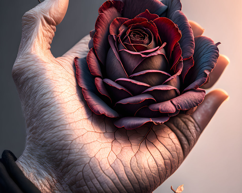 Weathered hand holding delicate red rose against soft-focus background