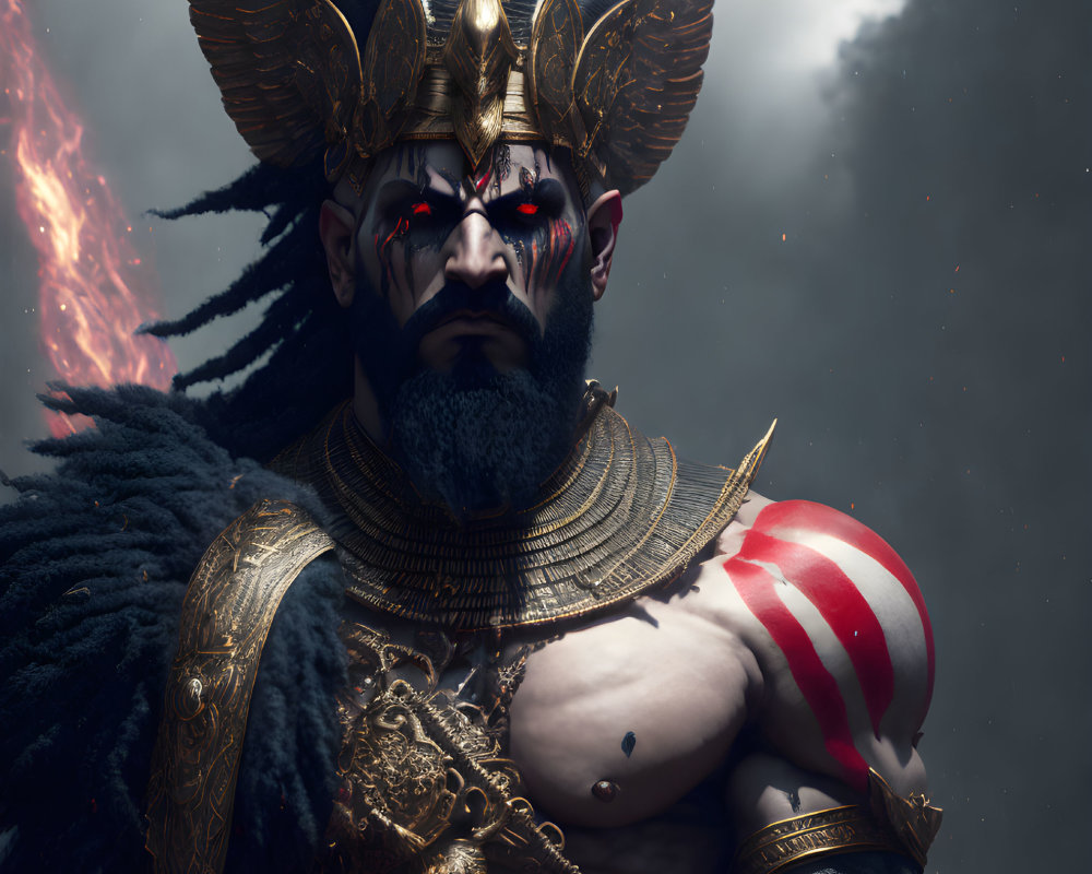 Mythological warrior digital artwork with horned helmet, red eyes, golden armor, and cape