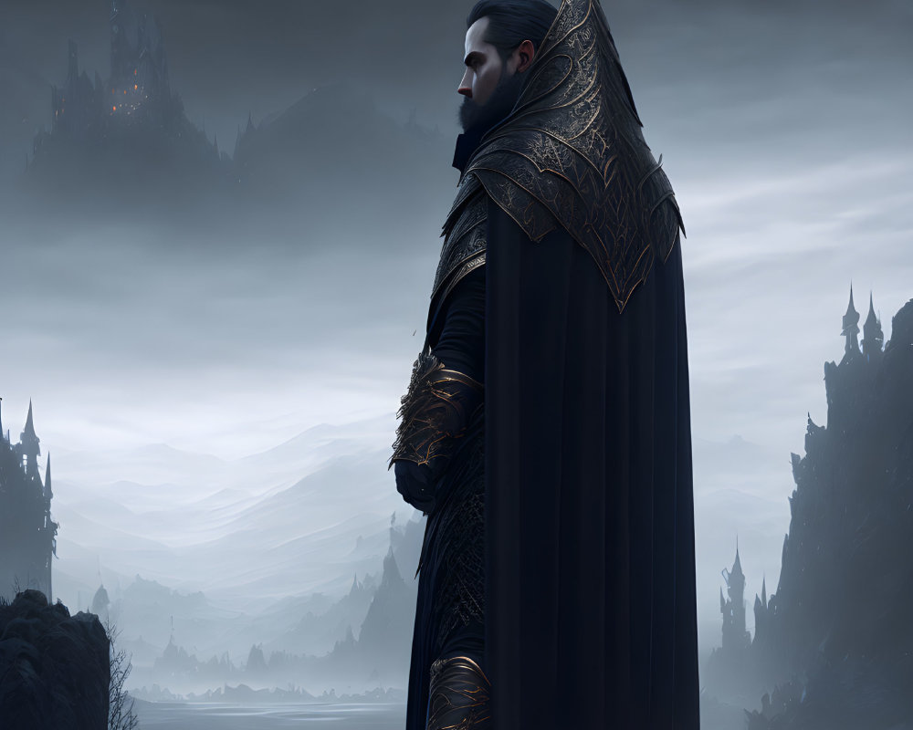 Regal man in black cloak before misty mountains