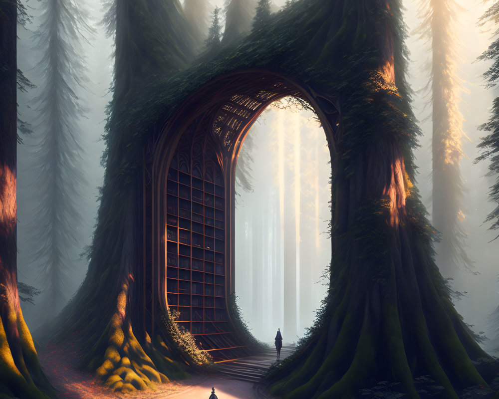 Ethereal forest scene with natural tree archway and two figures