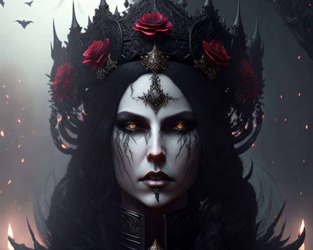 Gothic queen with dark crown, roses, bats, and embers