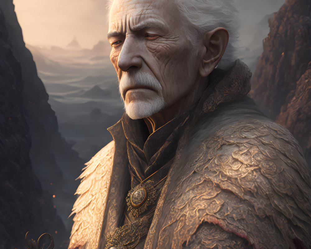 Regal elderly man in ornate robes with mountain backdrop