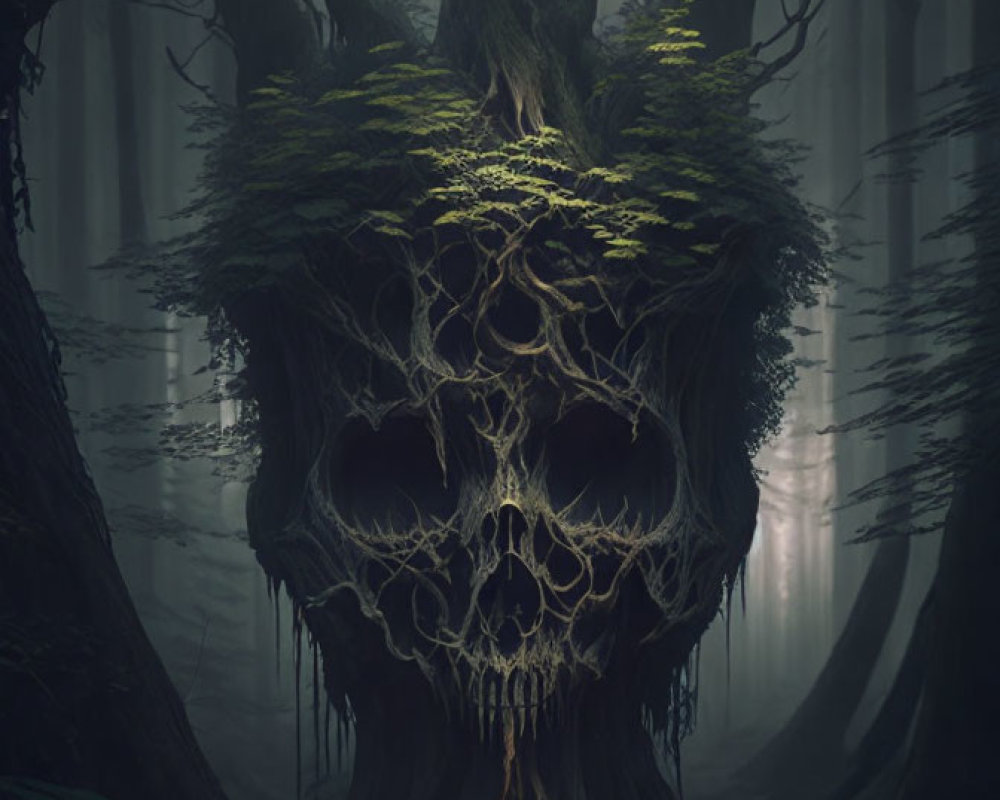 Mystical forest scene with skull-like tree, moss, small door, and foggy backdrop