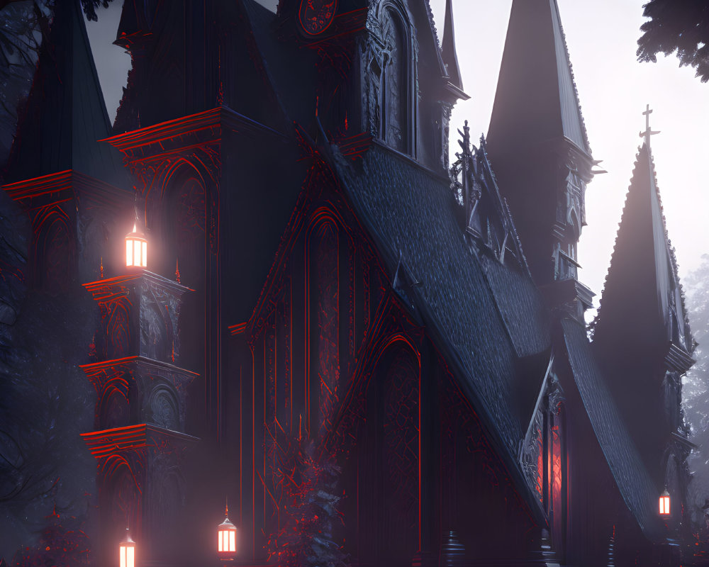 Gothic Cathedral with Red Lighting at Dusk