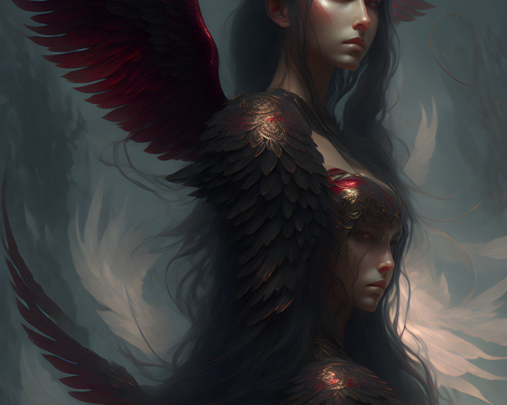 Ethereal figures with dark hair and red-tipped wings in artistic illustration