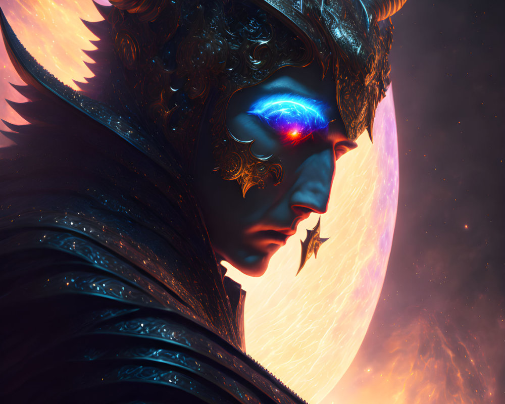 Fantastical figure in ornate armor gazes at glowing orb in celestial scene