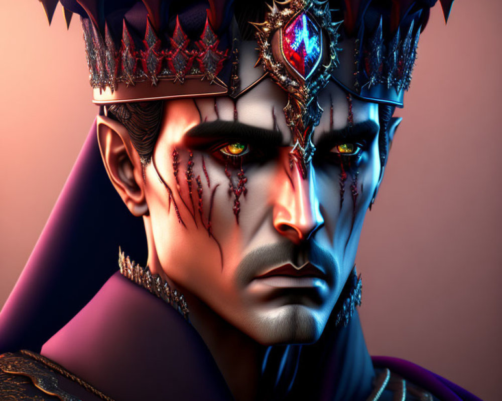 Blue-skinned character in dark crown with red jewels and elaborate decorations. Sharp gaze, red marks on