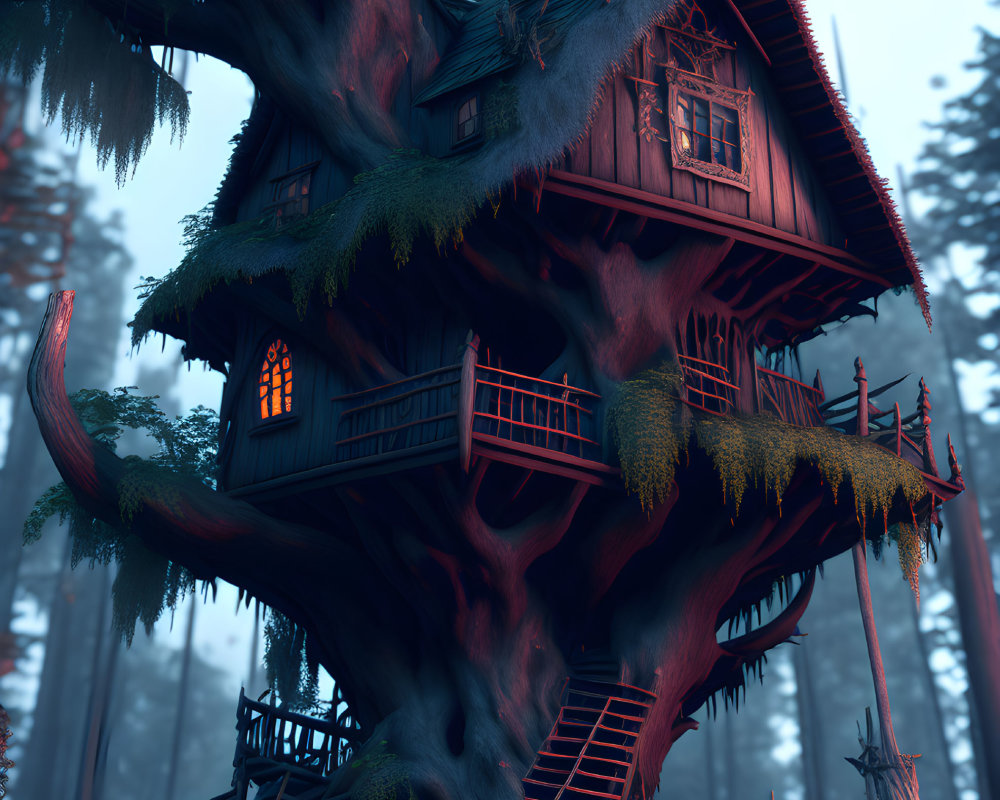 Whimsical treehouse with glowing windows in misty forest