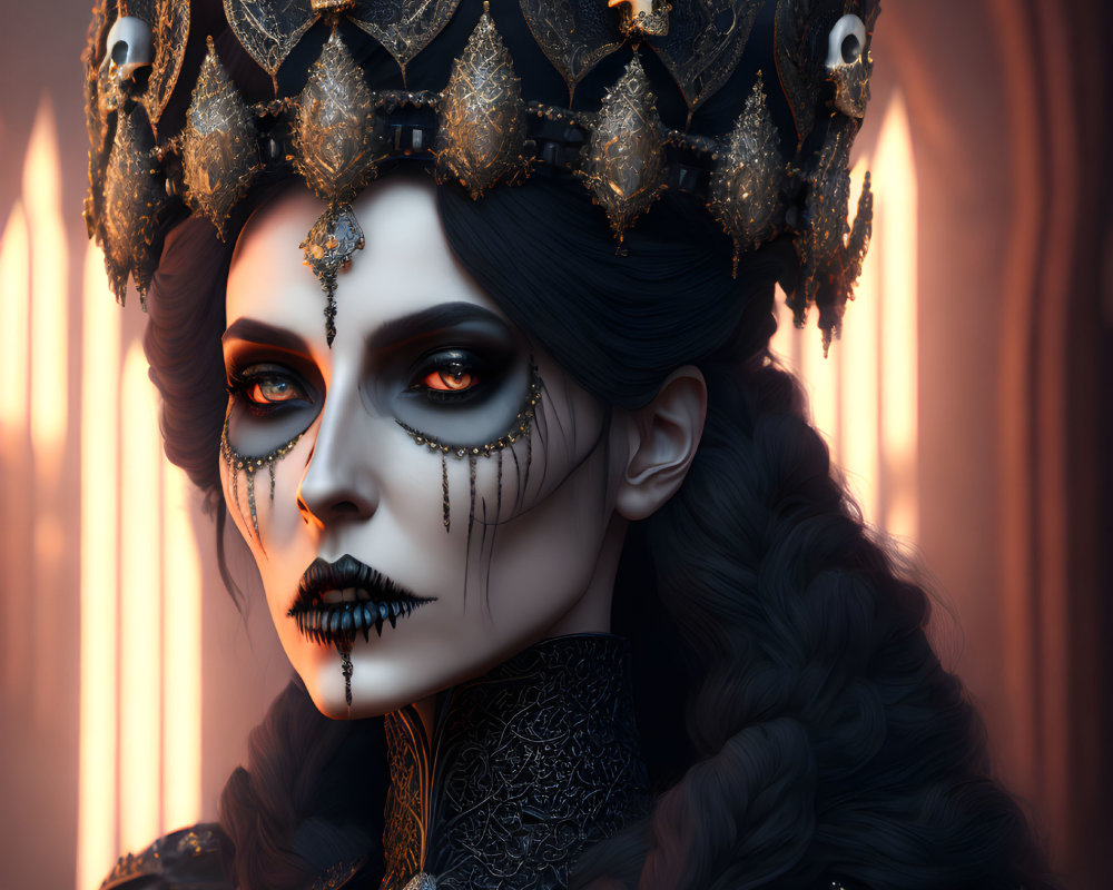 Dark regal woman in skull crown and dramatic makeup against dimly lit columns