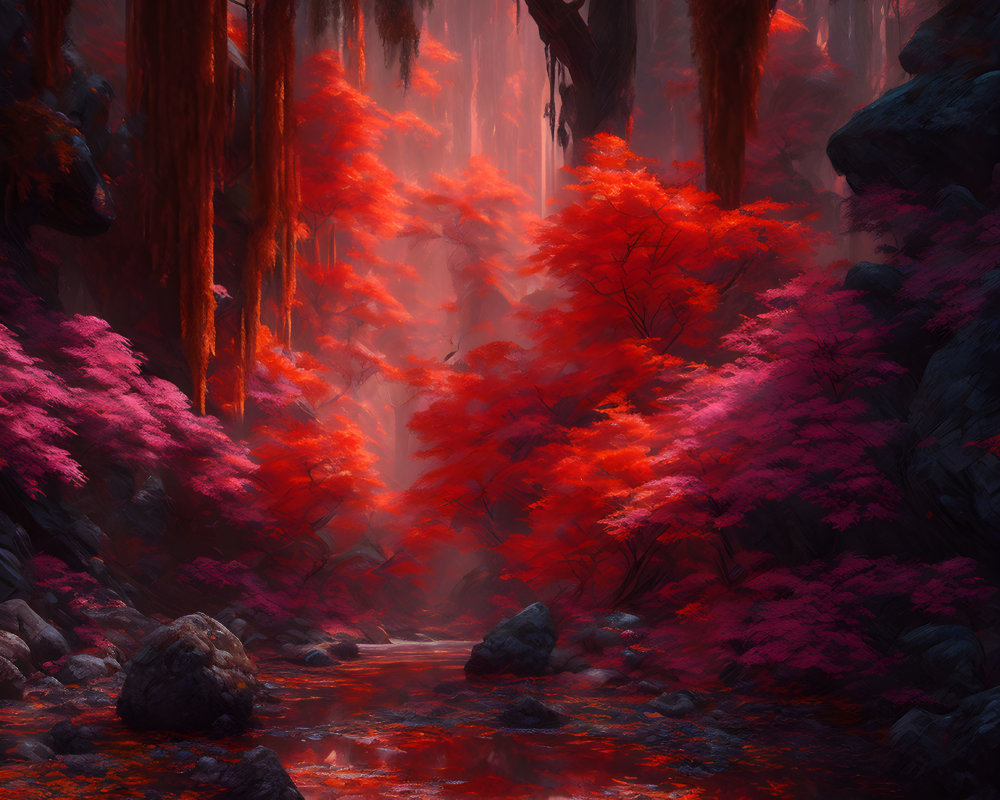 Mystical forest digital art: vibrant red foliage, misty ambiance, serene pond.