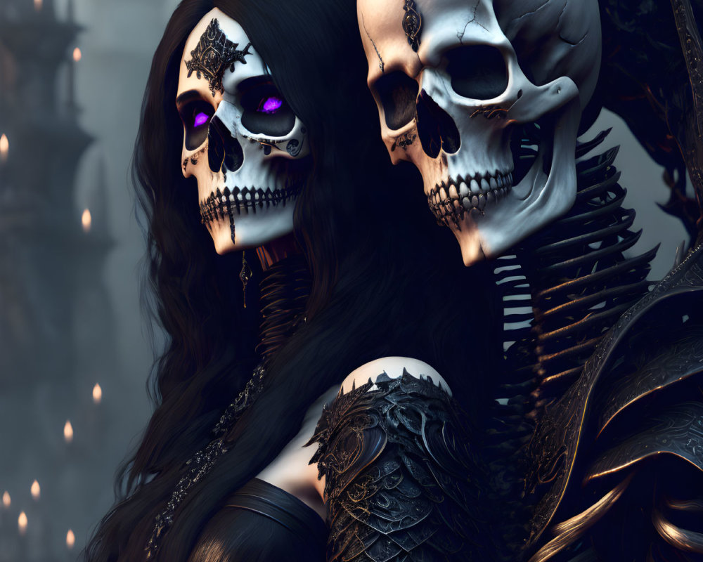 Detailed skull makeup on skeletons in dark attire against candle-filled backdrop