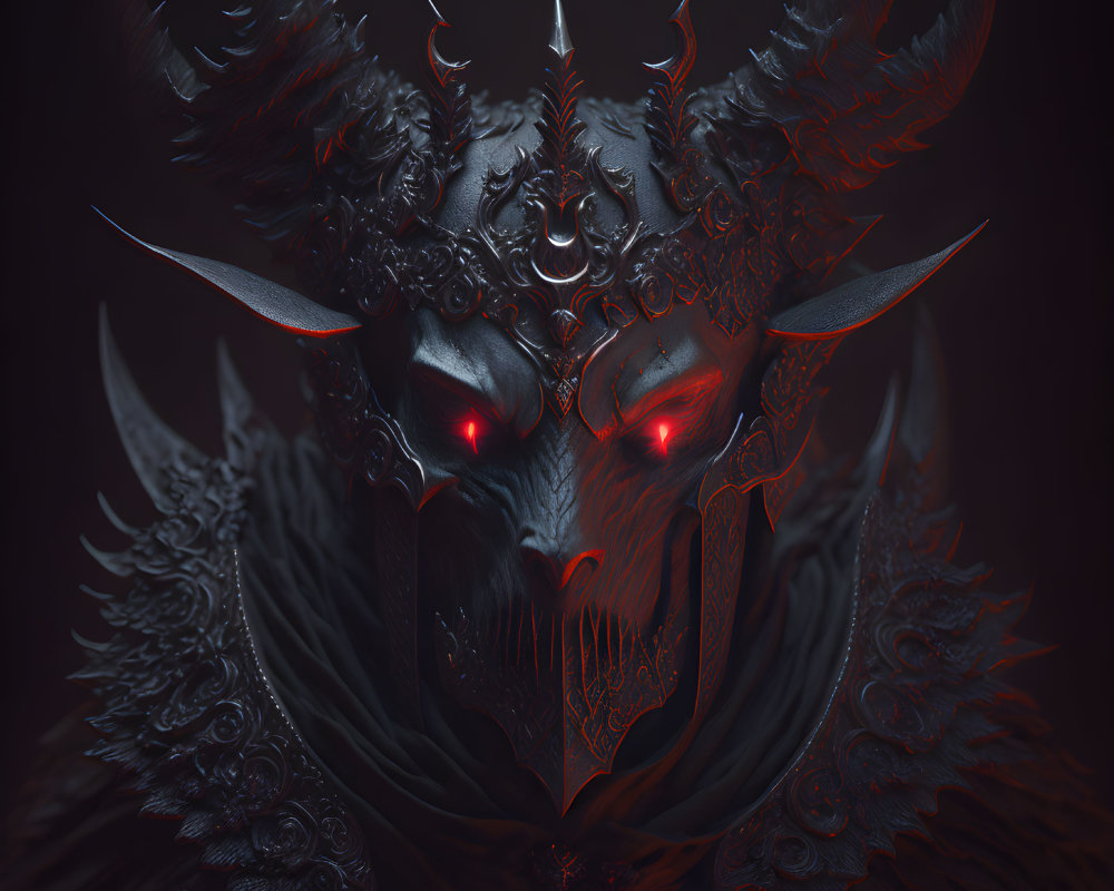 Fantasy creature with glowing red eyes and dark horns in intricate armor