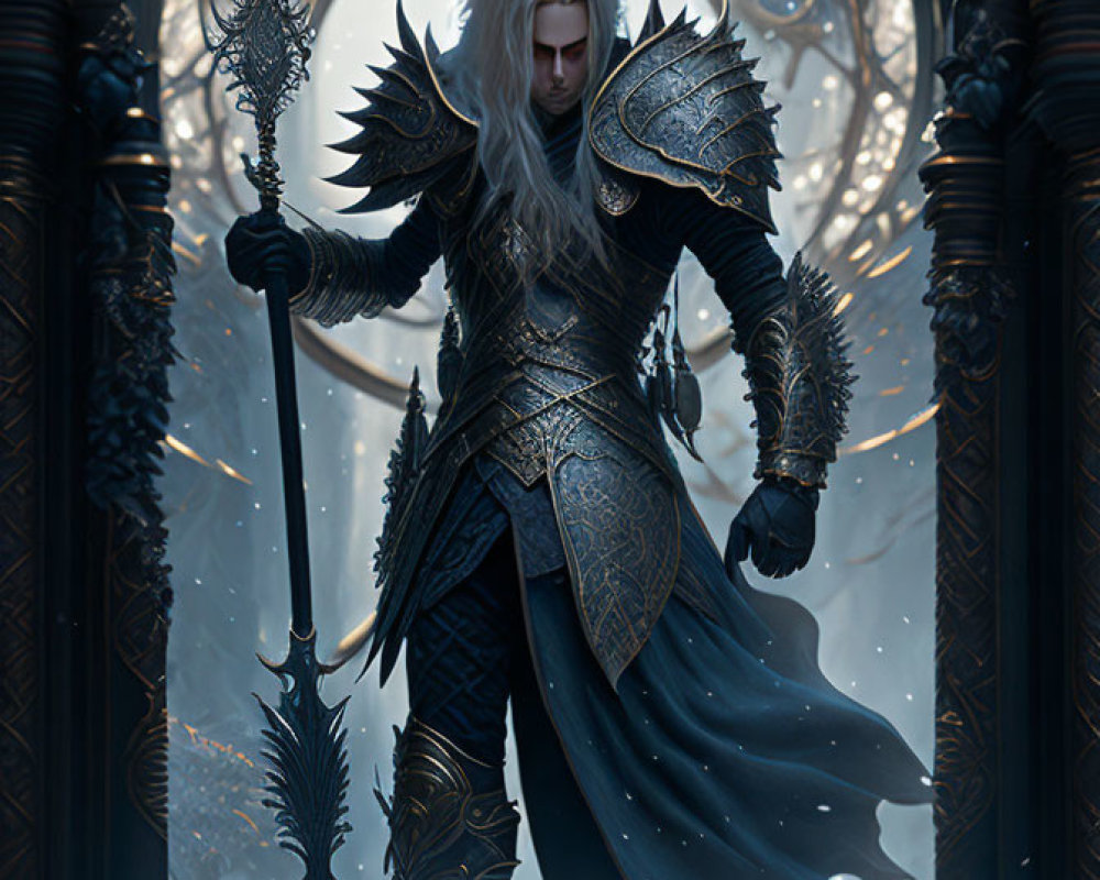 White-haired figure in dark armor with spear by gothic archway