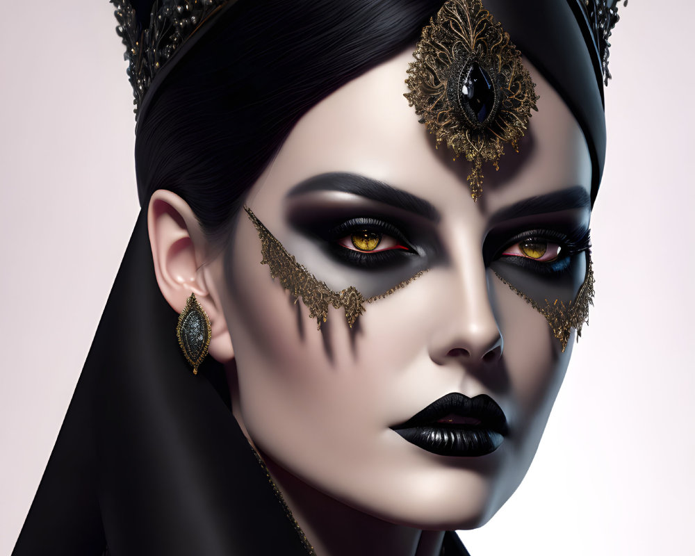 Digital portrait of woman with striking makeup, golden jewels, and dark crown