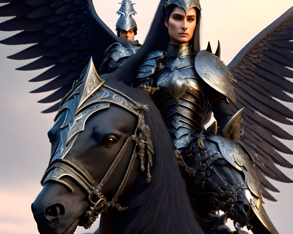 Fantasy armored warrior with wings riding horse in twilight sky