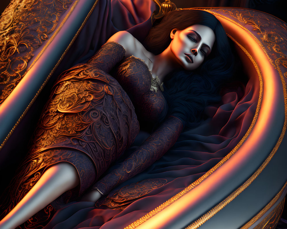 Gothic-style Woman on Chaise with Candles in Luxurious Gown