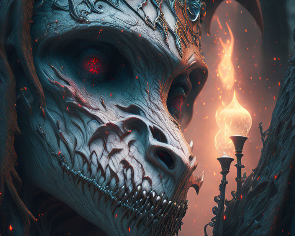 Detailed fantasy illustration: Skull-faced creature with red eyes and ornate headgear in fiery backdrop