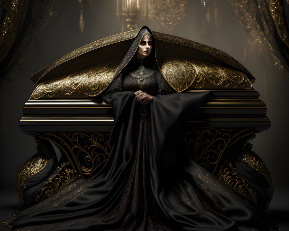 Regal woman in black gown on ornate throne in dimly lit room