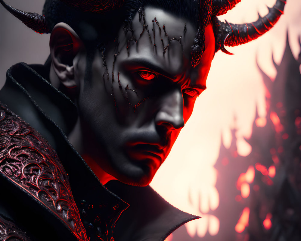 Male character with black horns and red eyes in dramatic portrait