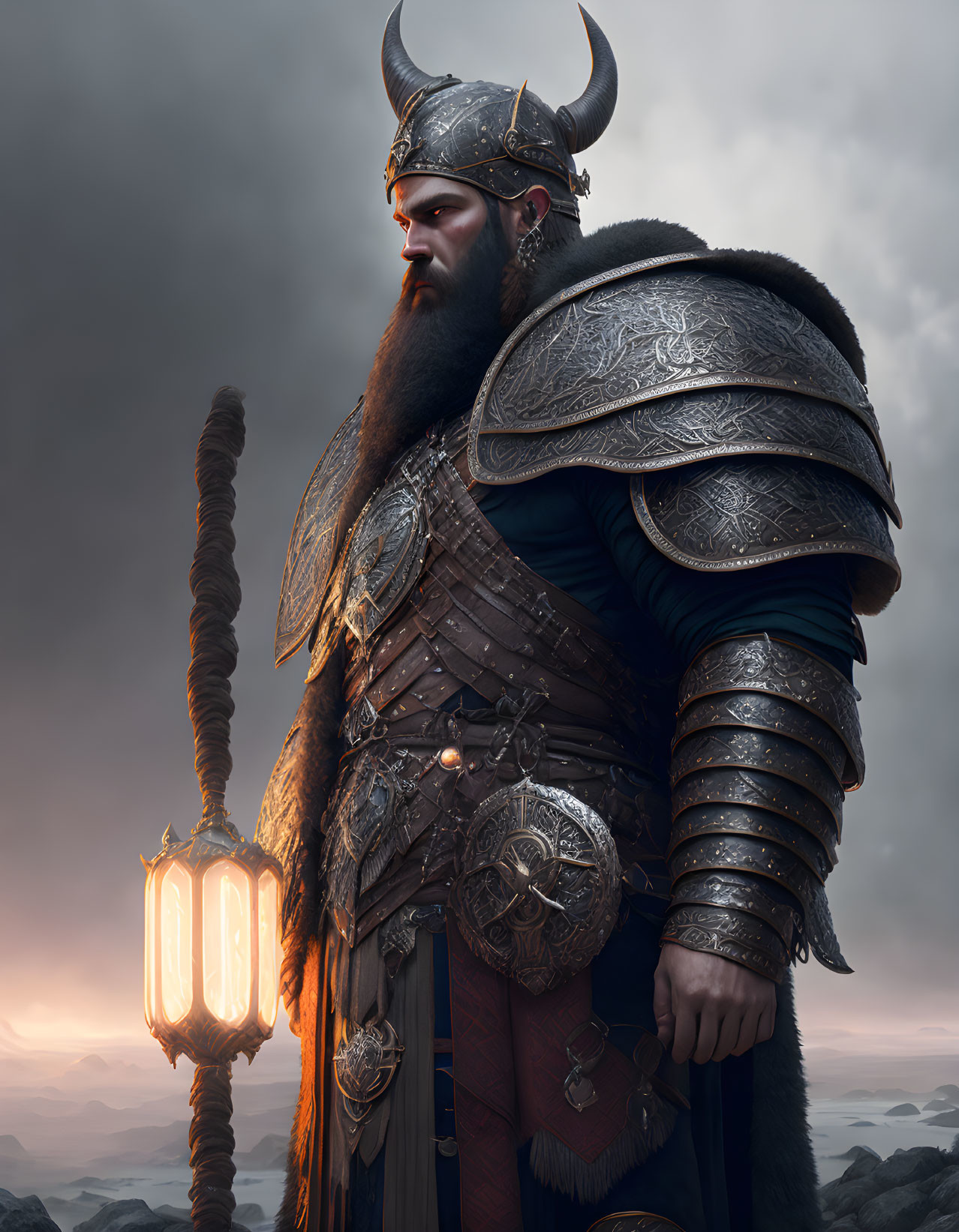 Digital artwork of Viking warrior with lantern in horned helmet against cloudy dusk sky