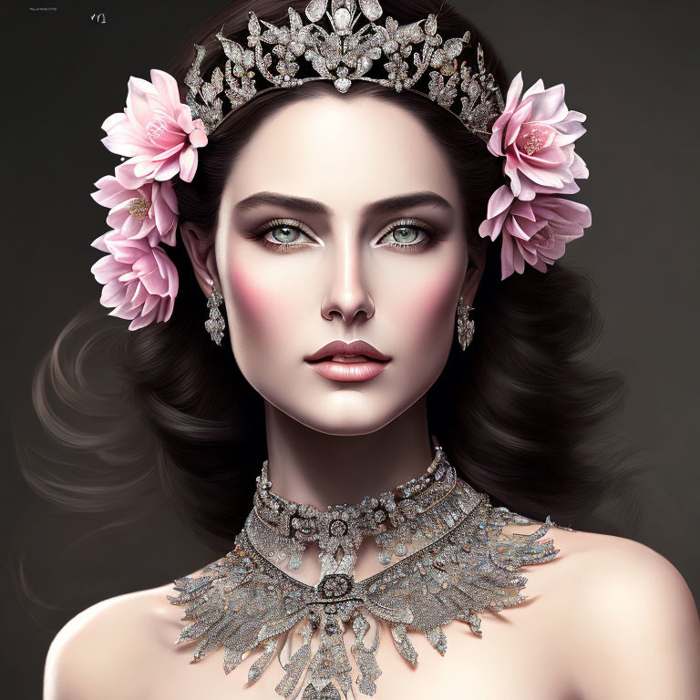 Woman with Green Eyes in Crystal Tiara & Pink Flower Adornments