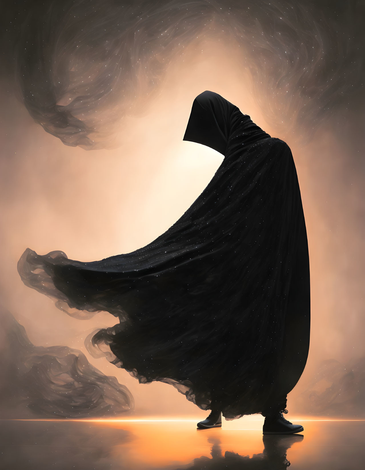 Mysterious figure in black cloak against swirling mist with bright light source