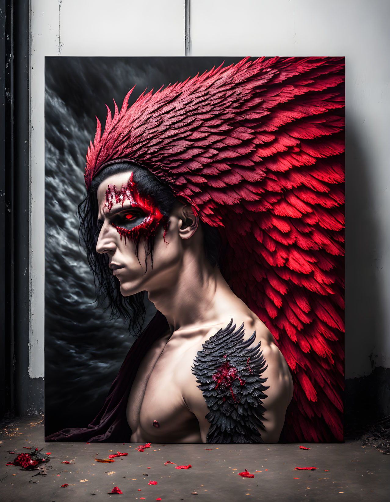 Person in Red Feather Headdress with Stormy Canvas