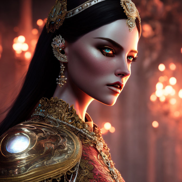 Detailed 3D rendering: Woman with red eyes, golden headpiece, glowing armor on warm backdrop