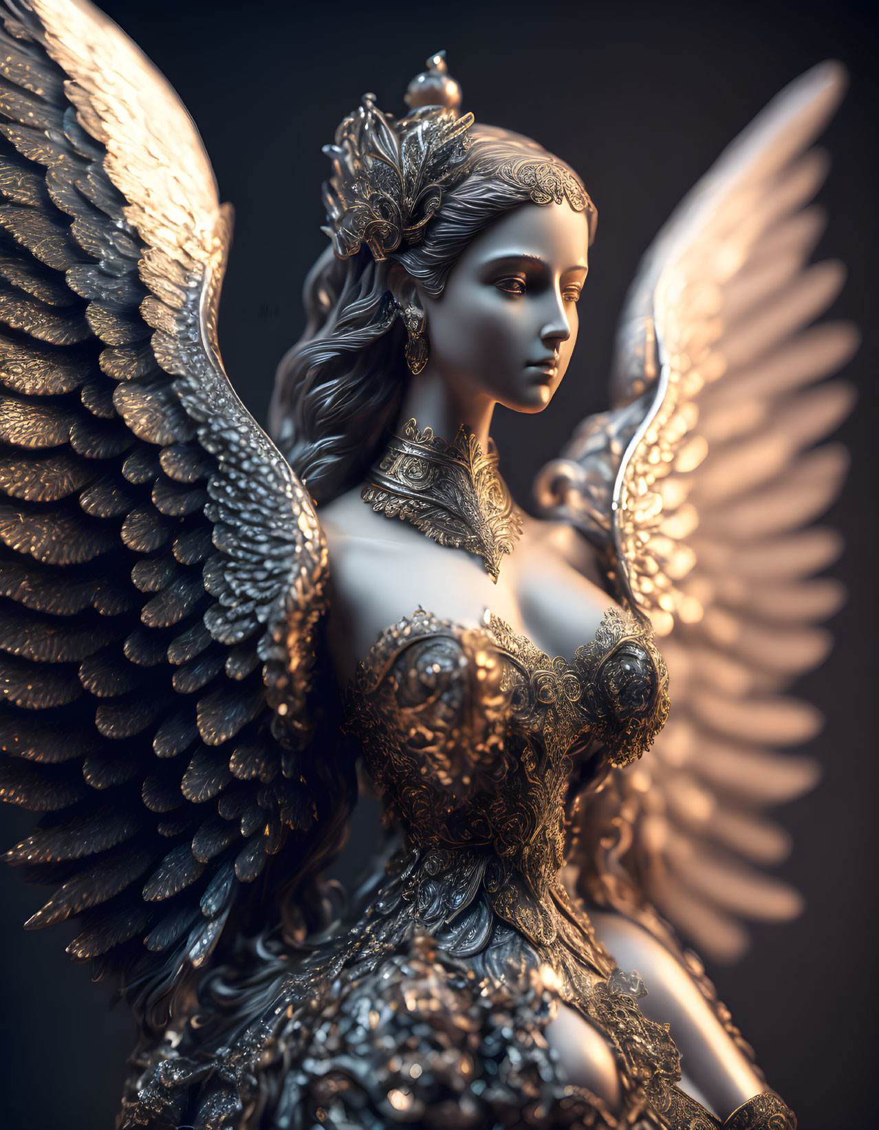 Ethereal angelic figure with metallic wings and armor in soft light