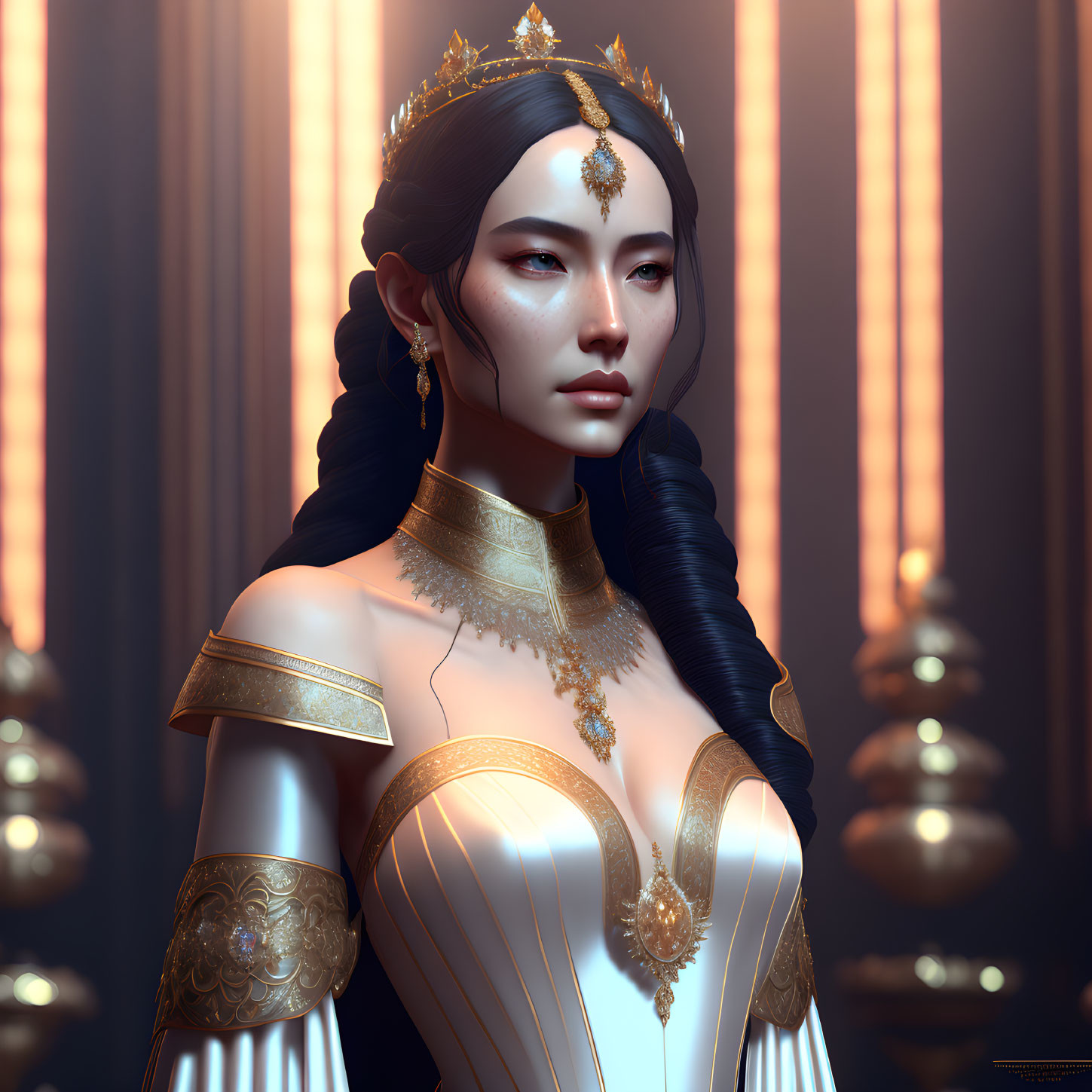 Regal setting: Elegant woman in golden headdress and armor