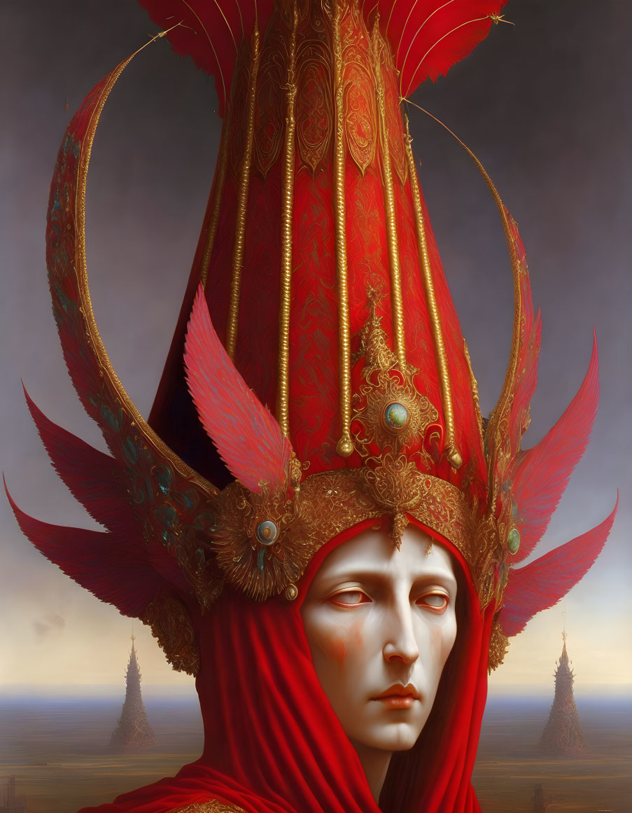 Solemn person in red and gold headdress against moody landscape