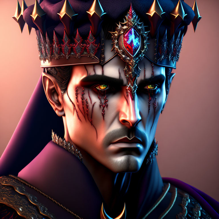 Blue-skinned character in dark crown with red jewels and elaborate decorations. Sharp gaze, red marks on