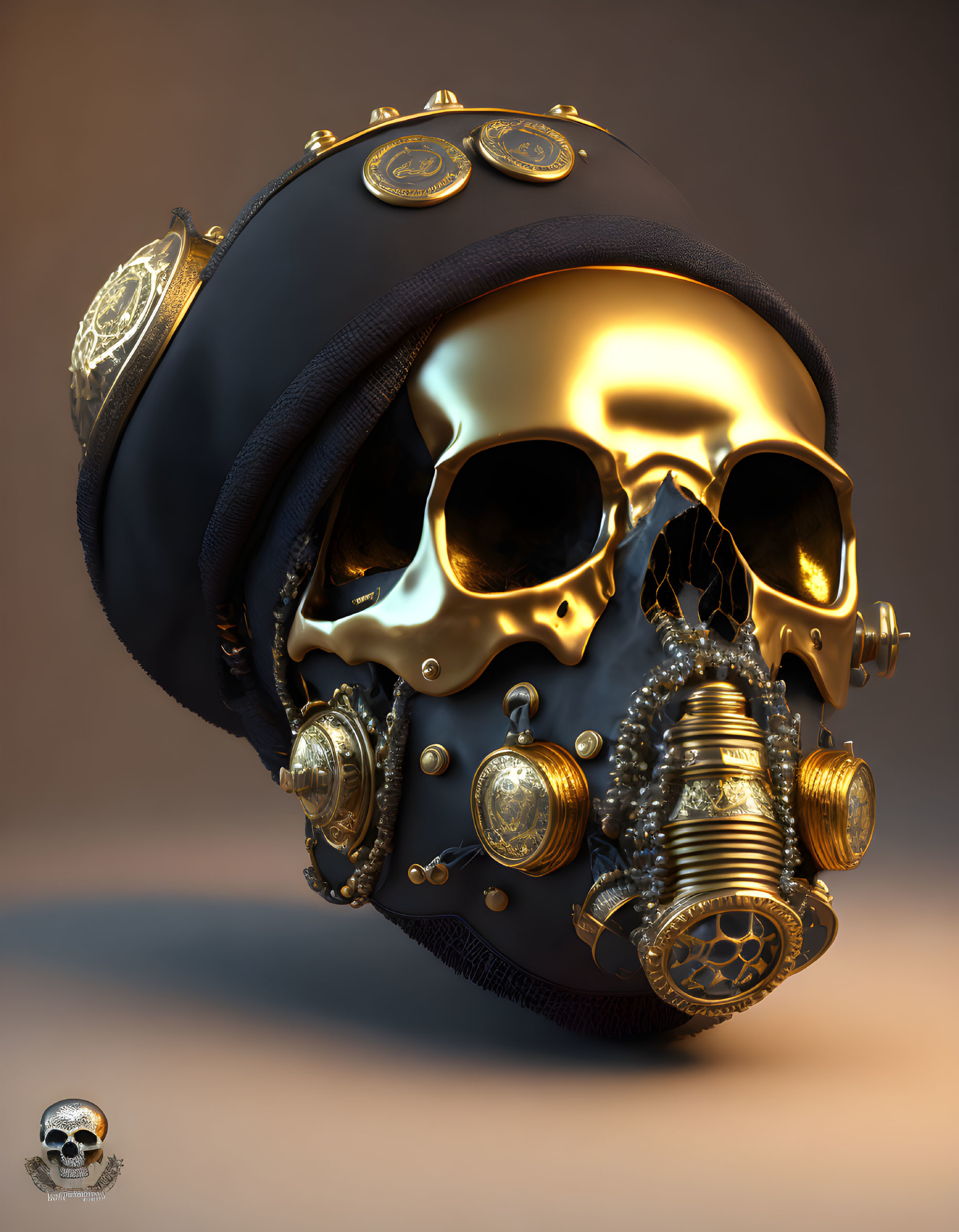 Golden skull with aviator cap, metallic gears, goggles, and respirator on brown background.