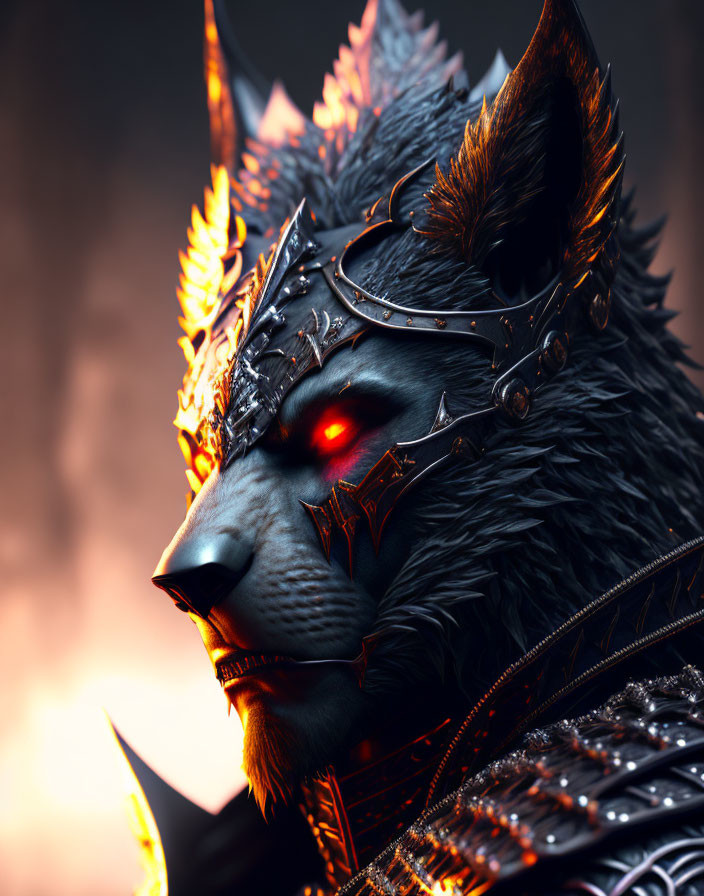 Fantastical wolf character in ornate armor and crown with red glowing eyes