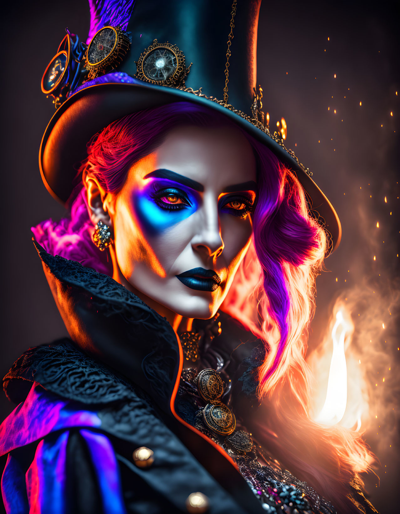 Person with vibrant makeup and steampunk top hat under dramatic flame lighting