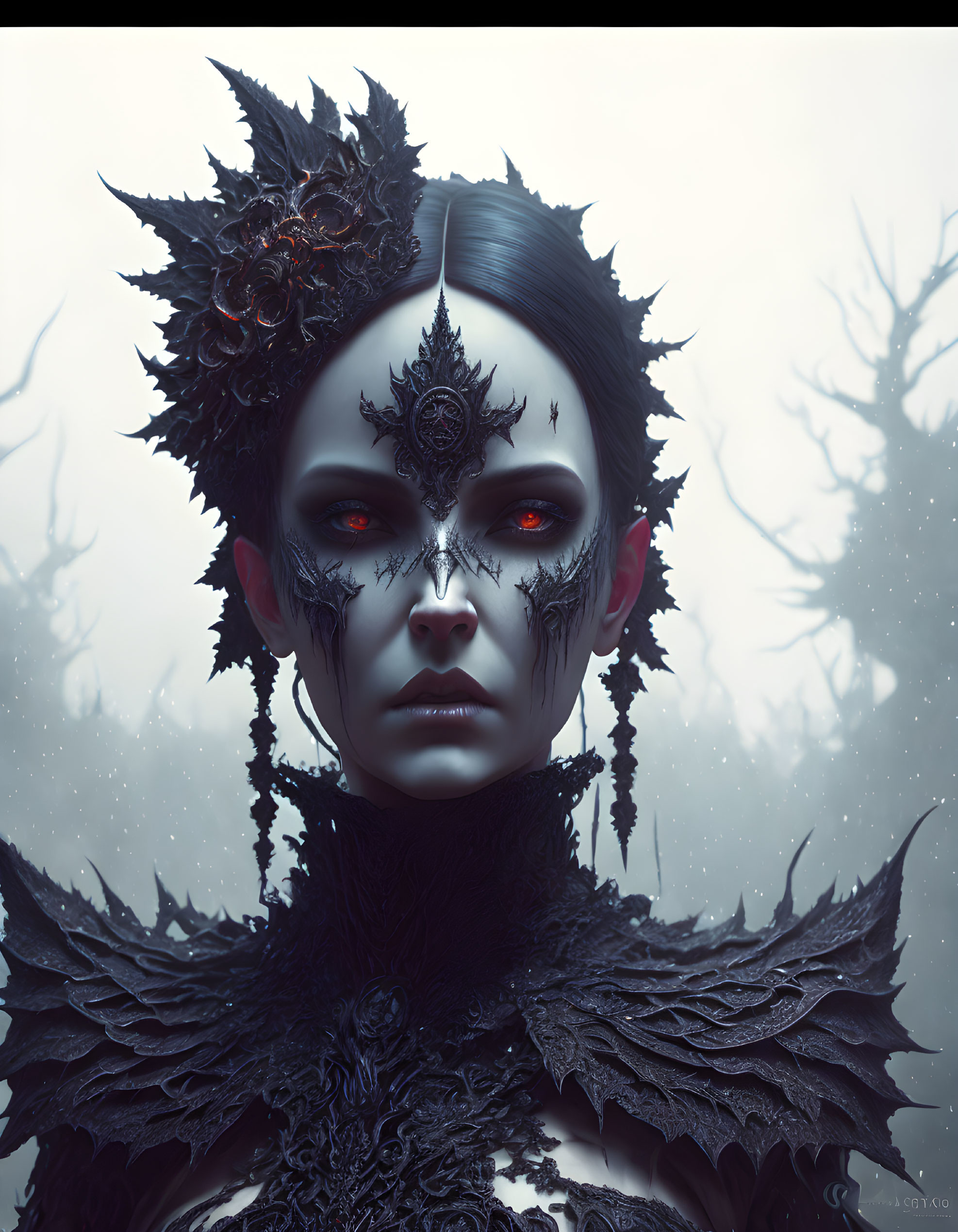 Portrait of a person with dark, stylized makeup in gothic attire against misty forest backdrop