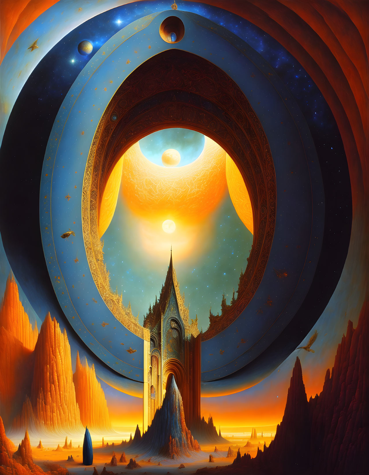 Surreal landscape with concentric circles, celestial body, gothic archway