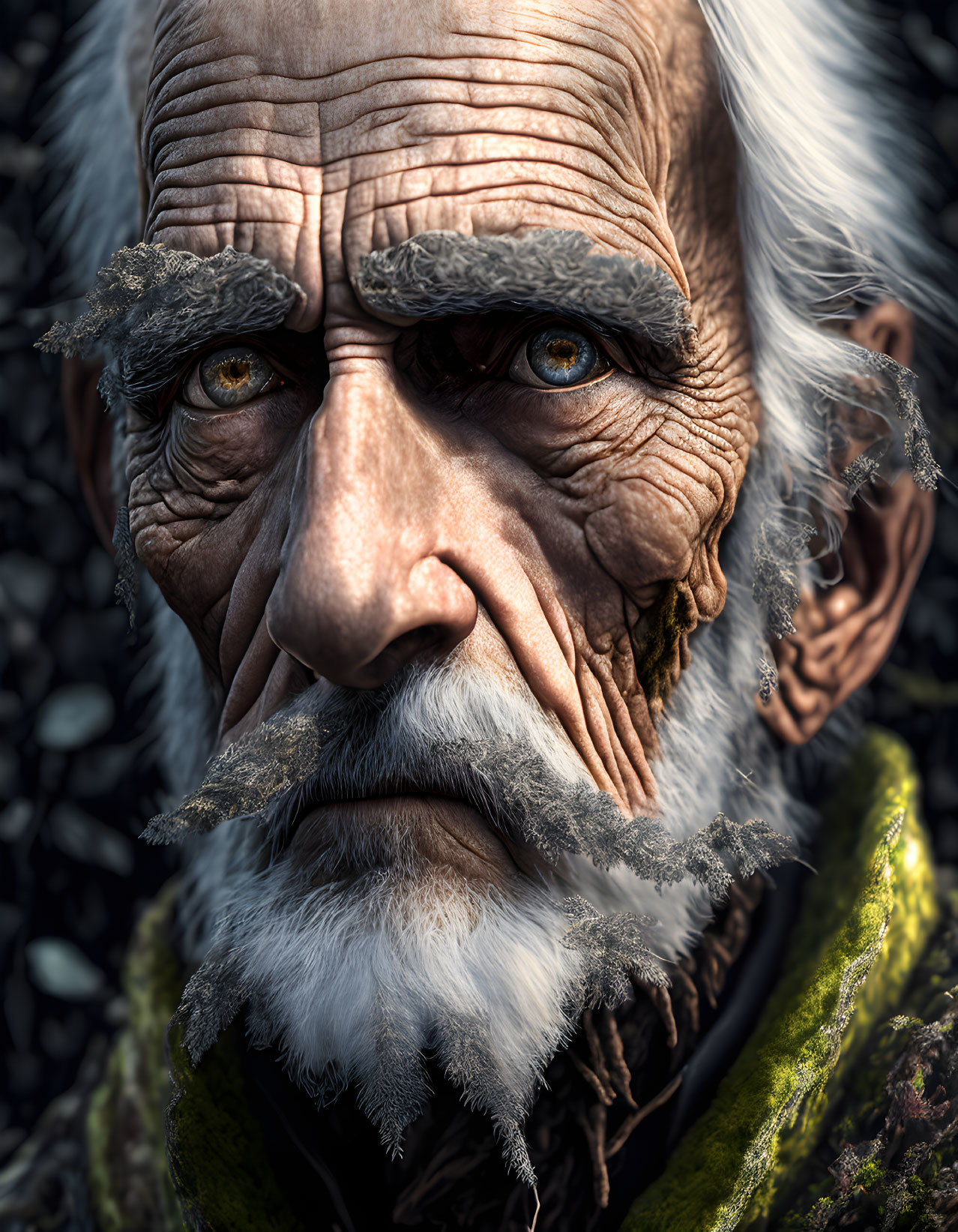 Elderly man with deep wrinkles and blue eyes, white beard with green moss.