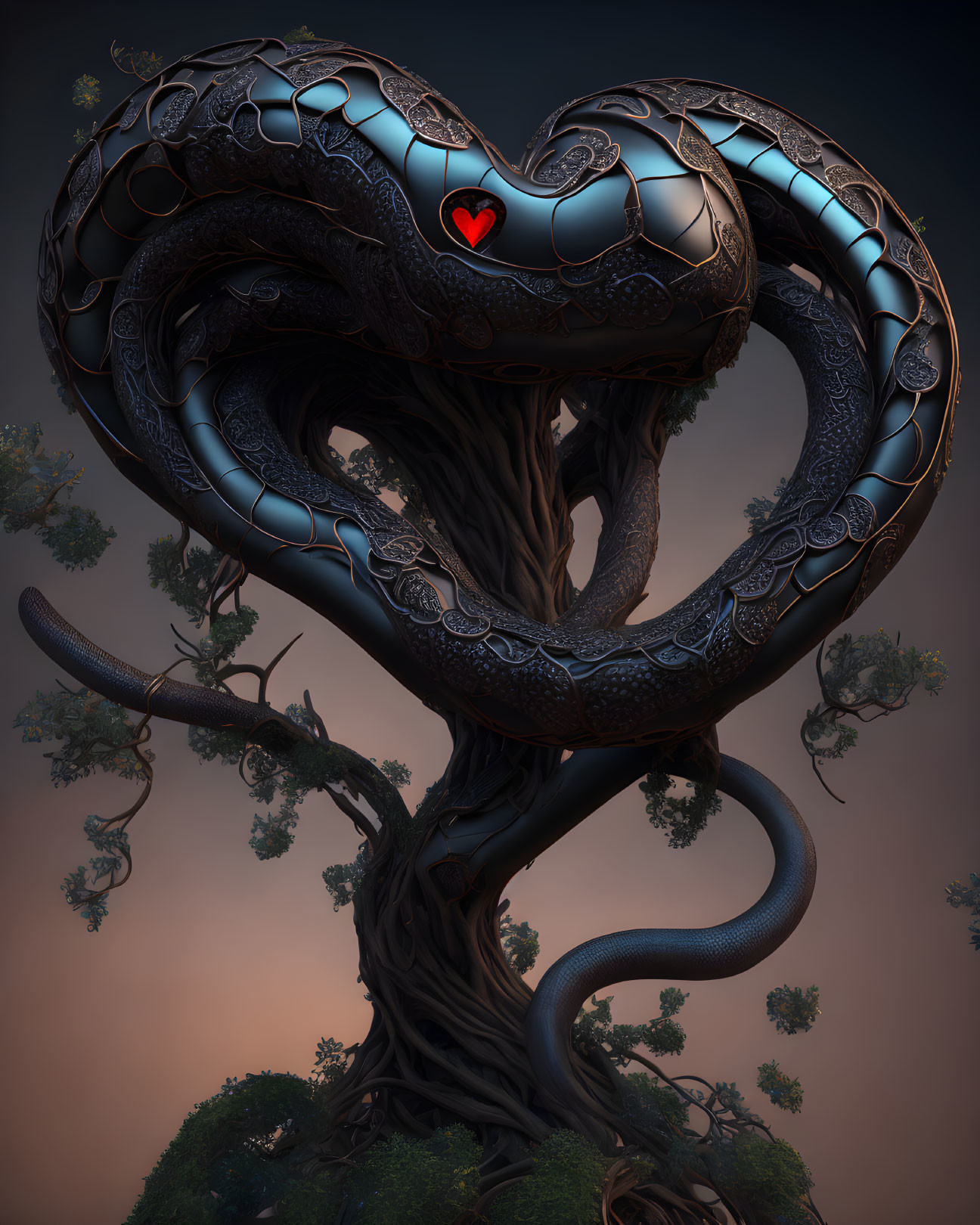 Digital artwork: Serpent-like tree with heart-shaped canopy and red heart.