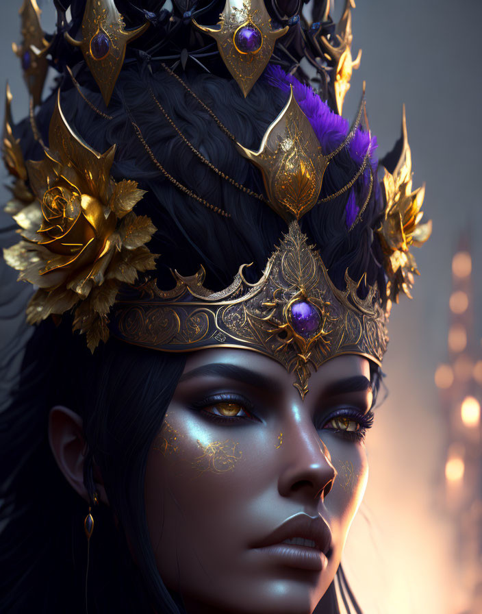 Regal figure with golden crown and intricate face markings.