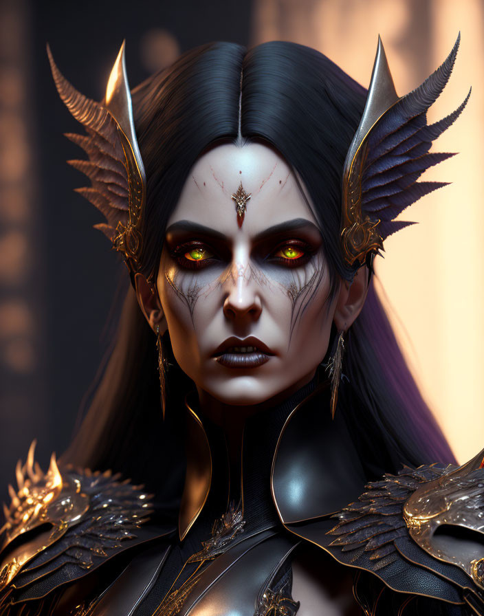 Fantasy female character with dark hair, golden winged armor, red eyes, stern expression