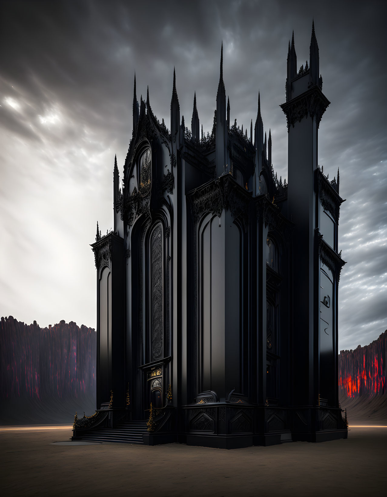 Gothic castle with ornate spires in gloomy forest setting