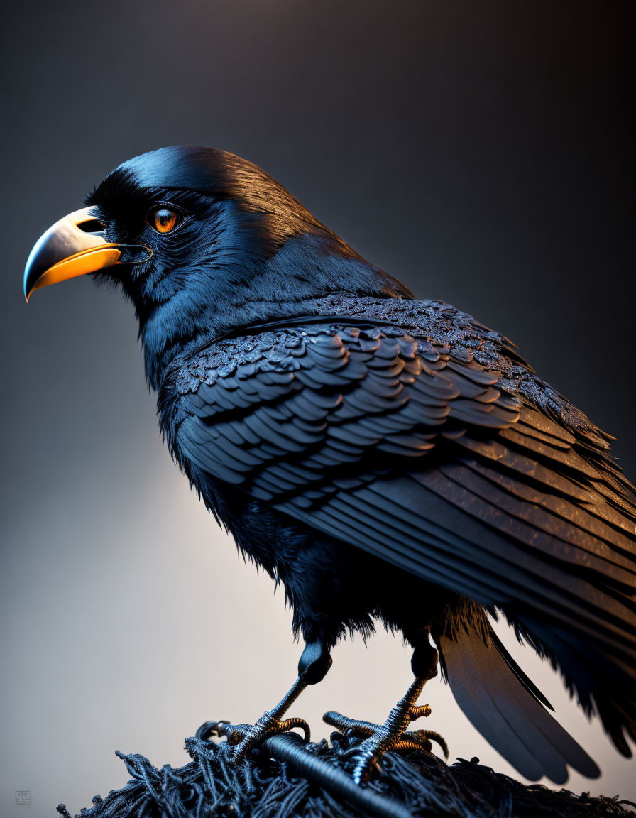 Detailed image: Glossy black raven with orange beak on grey gradient.