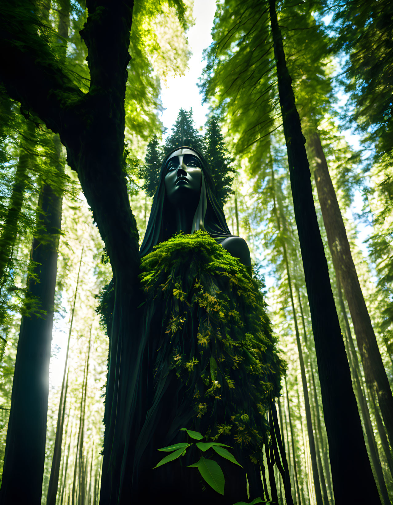 Person adorned in greenery in lush forest with filtered light